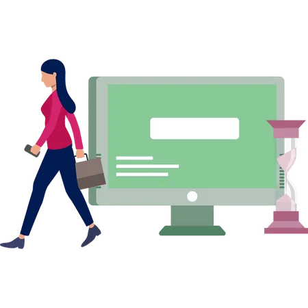 Woman with bag walking near monitor  Illustration