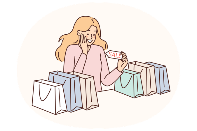 Woman with bags from fashion store rejoices at opportunity of shopping with good discounts  Illustration