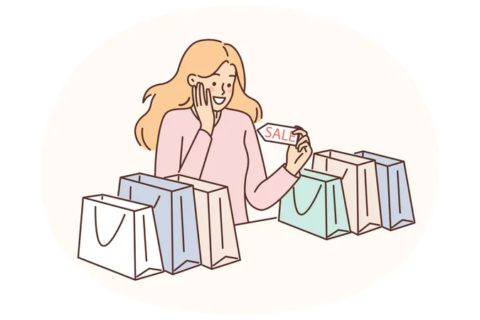 Woman with bags from fashion store rejoices at opportunity of shopping with good discounts  Illustration