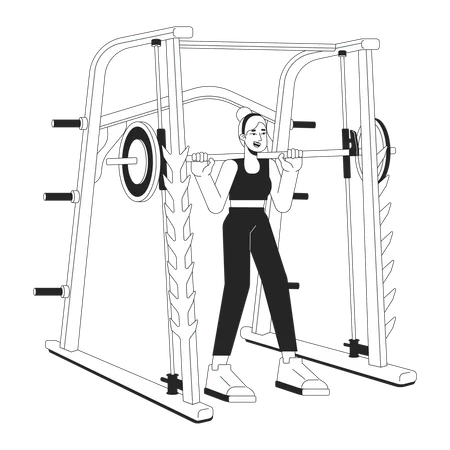 Woman With Barbell In Weight Power Rack Flat Line Black White Vector Character Editable Outline Full Body Person Female Powerlifter Simple Cartoon Isolated Spot Illustration For Web Design Illustration