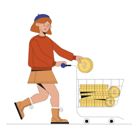Woman with basket of coins  Illustration