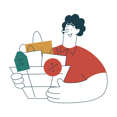 Woman with basket of discount goods  Illustration