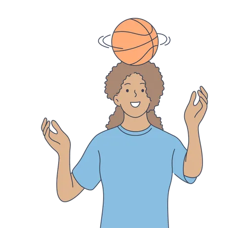 Basketball Sport Recreation Summertime Concept Young African American Woman Girl Teenager Athlete Character Spinning Ball On Head Or Performing Tricks Active Summer Extreme Lifestyle Illustration 일러스트레이션