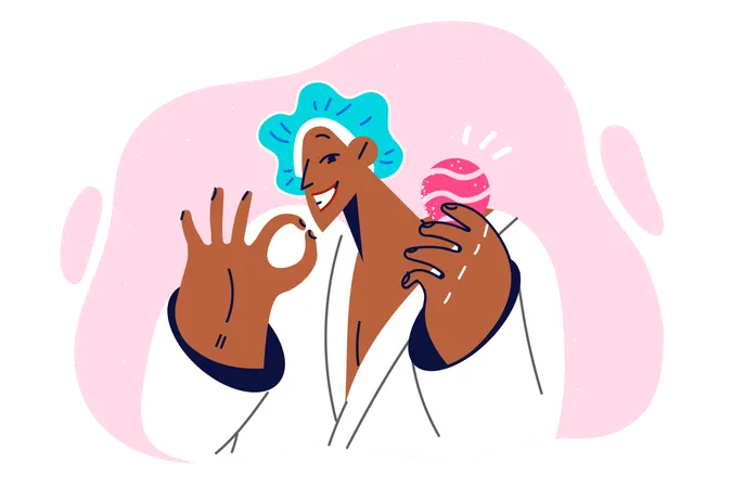 Woman with bath bomb in hands shows gesture of OK and smiles calling for use of aromatherapy  Illustration