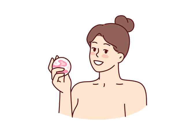 Woman with bath bomb in hands smiles as she prepares to take bath with aromatic substances  イラスト