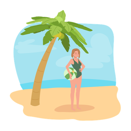 Woman with beachball on the beach  Illustration