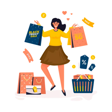 A Happy Woman Big Shopping On Black Friday Promotion Sale Illustration Illustration