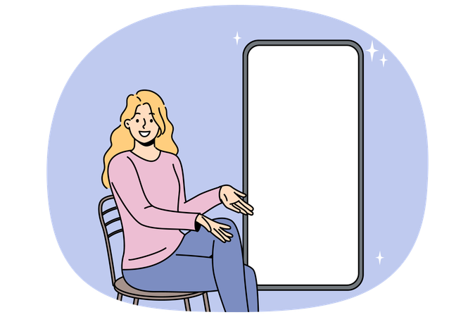 Woman with blank white screen offers to place advertisement on gadget display  Illustration