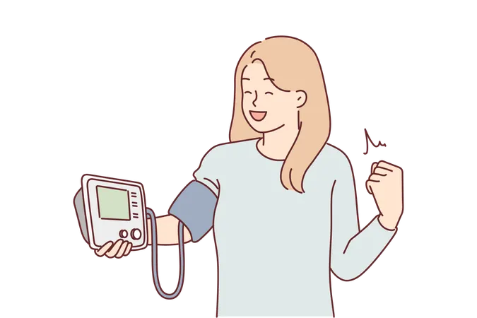 Woman with blood pressure monitor rejoices to see normalization of pulse  Illustration