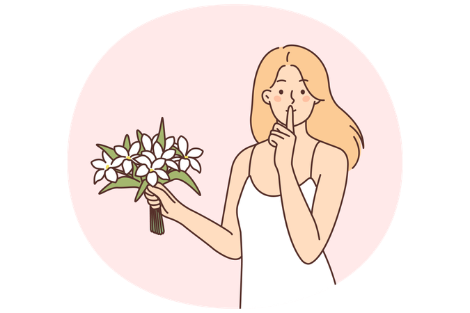 Woman with bouquet of flowers makes shh gesture with finger to lips  Illustration