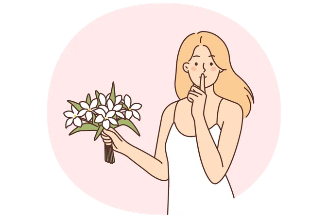 Woman with bouquet of flowers makes shh gesture with finger to lips  Illustration
