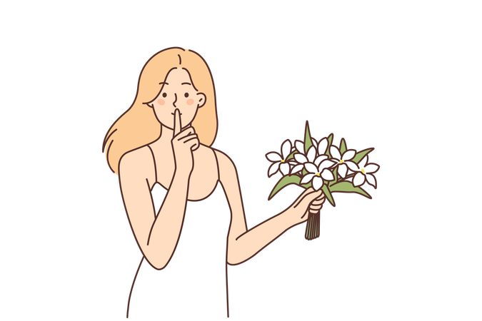 Woman with bouquet of flowers makes shh gesture with finger to lips, wanting to surprise loved one  Illustration