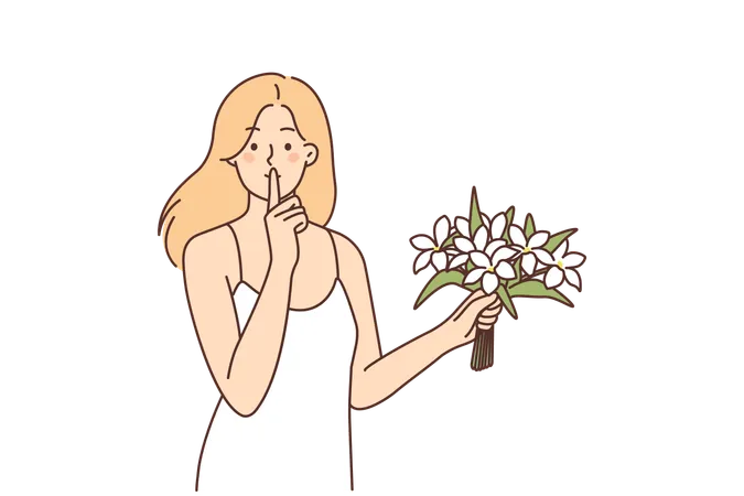 Woman with bouquet of flowers makes shh gesture with finger to lips, wanting to surprise loved one  Illustration