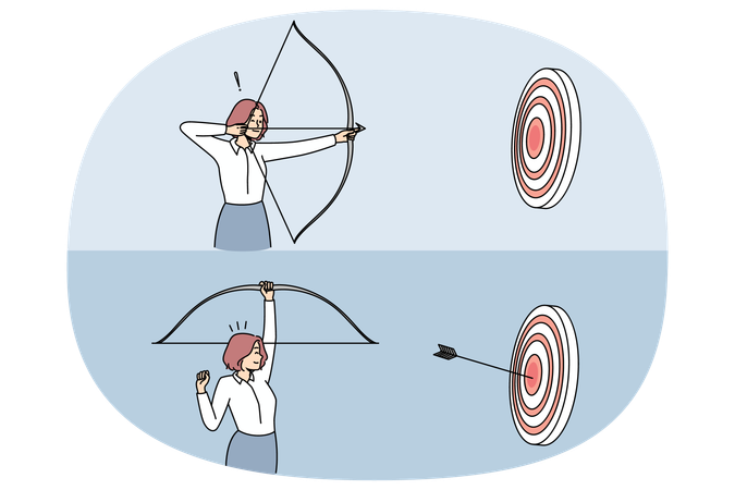 Woman with bow and arrows shooting target  Illustration