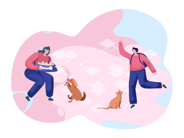 Woman with bowl of food going to feed dog and Man is training his cat Illustration