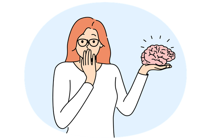 Woman with brain in hand looks at screen for concept psychological therapy and intellectual health  Illustration