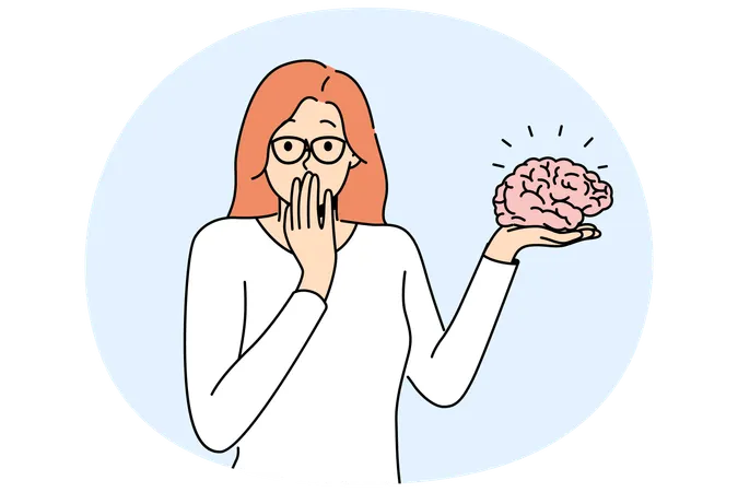 Woman with brain in hand looks at screen for concept psychological therapy and intellectual health  Illustration