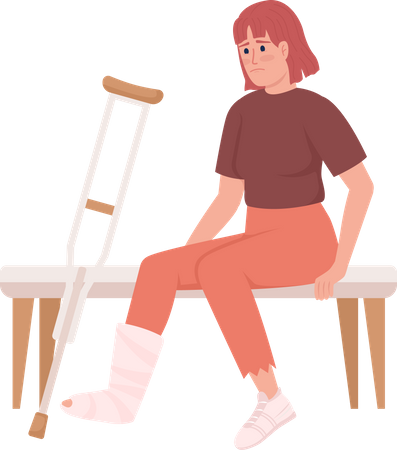 Woman with broken leg and crutch  Illustration
