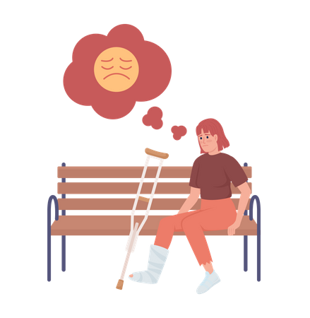 Woman with broken leg on bench Illustration