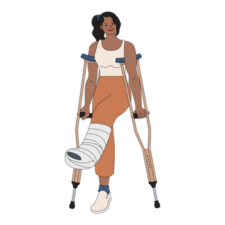 Woman with broken leg walking with help of crutches  Illustration