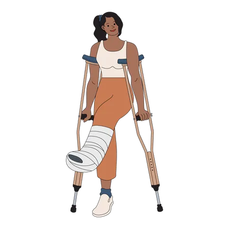 Woman with broken leg walking with help of crutches  Illustration