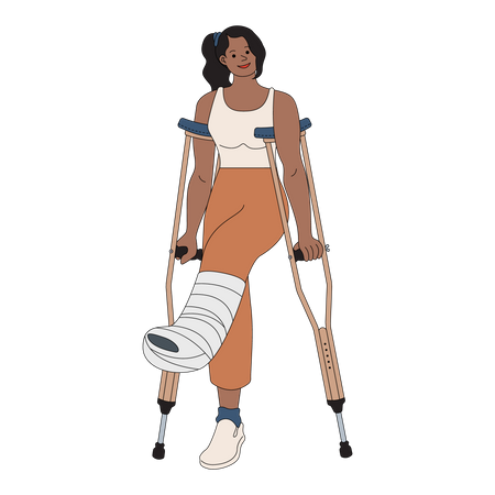Woman with broken leg walking with help of crutches Illustration
