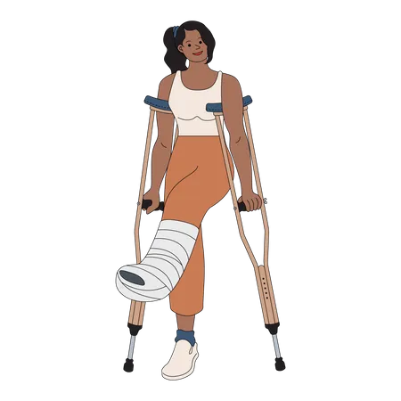 Woman with broken leg walking with help of crutches Illustration