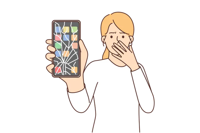 Woman With Broken Phone Covers Mouth With Hand And Demonstrates Screen Of Gadget With Cracks Desperate Girl Shows Phone With Broken Display That Needs To Be Repaired Or Contacted By Service Center Illustration