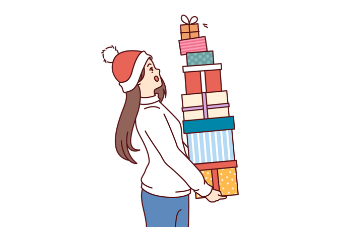 Woman with bunch of christmas gifts  Illustration