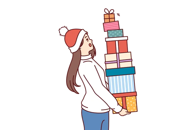 Woman With Bunch Of Christmas Gifts In Hands Is In Shock And Is Afraid To Drop Boxes Presented By Santa Claus For New Year Surprised Girl Holding Gifts Received For Participating In Christmas Sale Illustration
