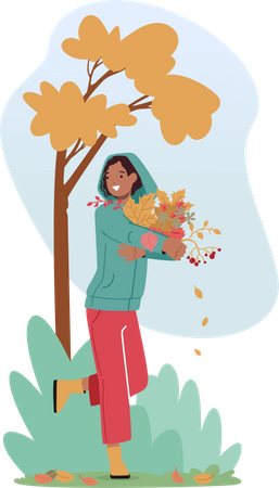 Woman with Bunch of Falling Leaves Enjoying Sunny Autumn Weather  Illustration