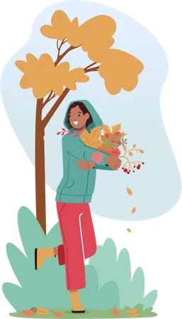 Woman with Bunch of Falling Leaves Enjoying Sunny Autumn Weather  Illustration