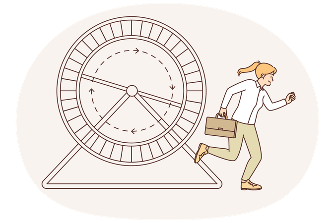 Woman with business briefcase runs near hamster wheel wanting to reach career goa  Illustration