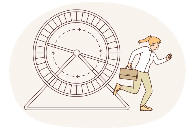 Woman with business briefcase runs near hamster wheel wanting to reach career goa  Illustration