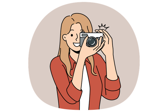 Woman with camera with smile takes photo for publication in newspaper or personal internet blog  Illustration