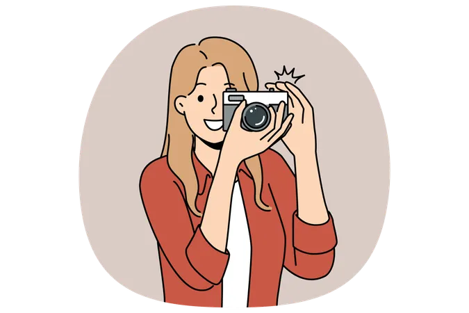 Woman with camera with smile takes photo for publication in newspaper or personal internet blog  Illustration