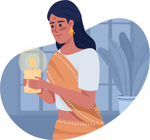 Woman with candle celebrating Diwali  Illustration