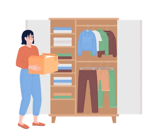 Woman With Cardboard Box Near Open Wardrobe Semi Flat Color Vector Character Editable Figure Full Body Person On White Simple Cartoon Style Spot Illustration For Web Graphic Design And Animation Illustration