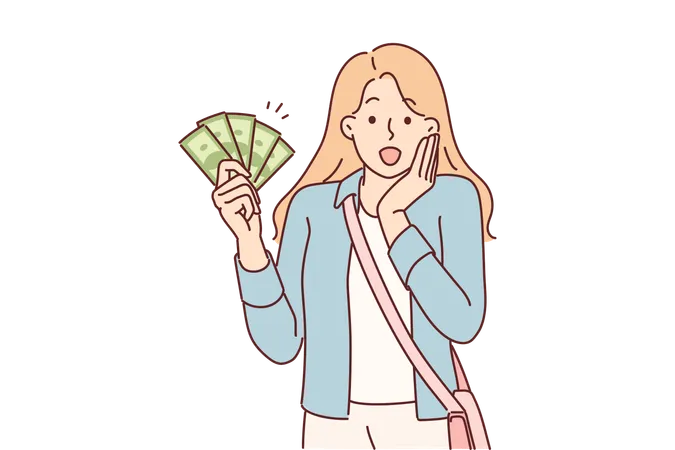Woman With Cash Screams Wow Rejoicing At Big Purchase Bonus Or Cashback Girl Demonstrates Banknotes Calling For Participation In Lottery Or Competition With Money Prize For Winner Illustration