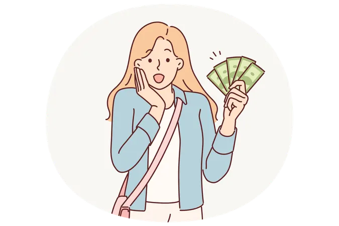 Woman with cash screams wow rejoicing at big purchase bonus  Illustration