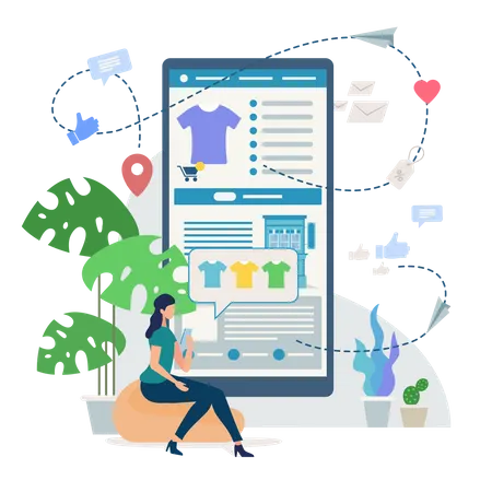 Woman with Cellphone, Buying T-Shirt, Choosing Goods Color, Ordering Home Delivery in Internet Shop  Illustration