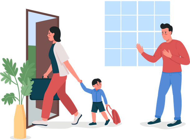 Woman with child leaving house husban  Illustration