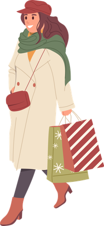 Woman with Christmas purchases walking after shopping  일러스트레이션