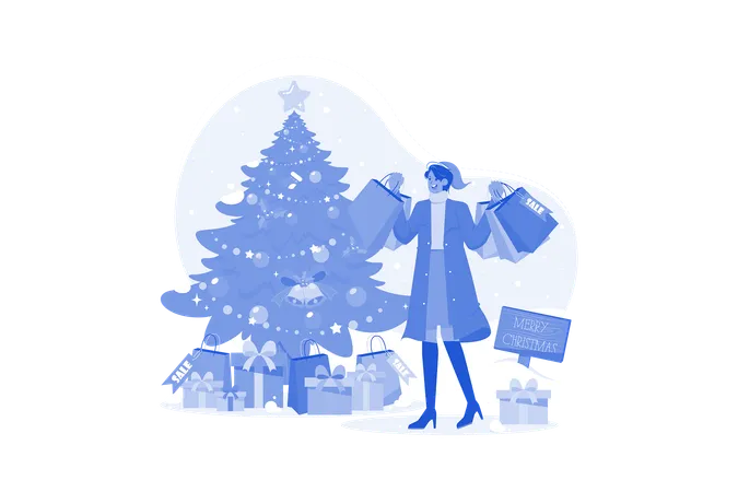 Woman With Christmas Shopping Bags  Illustration