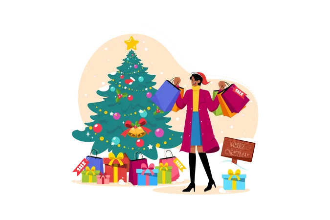 Woman with Christmas shopping bags Illustration