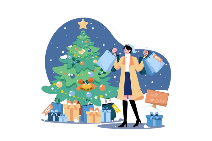 Woman With Christmas Shopping Bags Illustration
