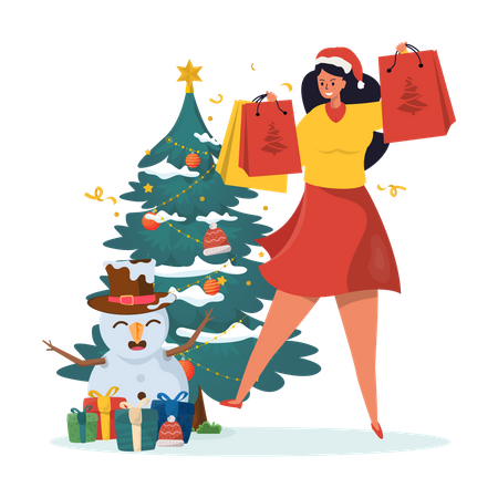 Woman with christmas shopping bags  Illustration