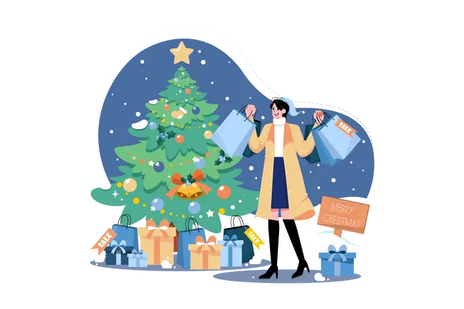 Woman With Christmas Shopping Bags  Illustration