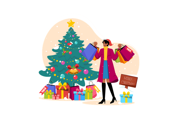 Woman with Christmas shopping bags  Illustration