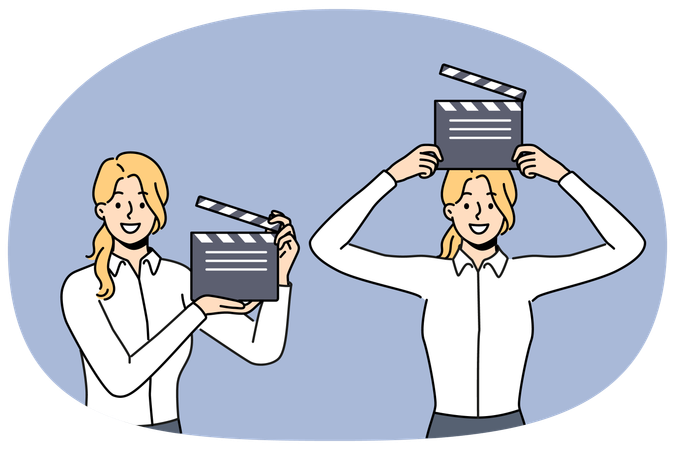 Woman with clapboard for shooting movie blockbuster works in hollywood film company  Illustration
